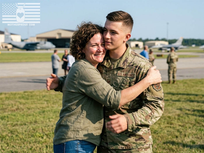 A happy Air Force mom hugging her young airman son on a sunny outdoor base field, authentic mobile photo style.