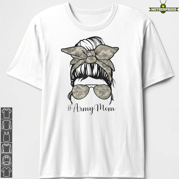 US Army Mom Messy Bun Hair Glasses T-shirts