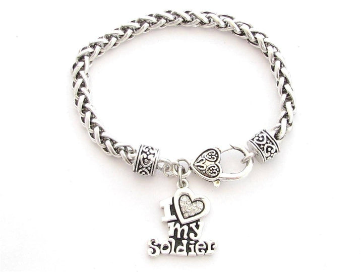 I Love My Soldier Crystal Heart Silver Bracelet - MotherProud