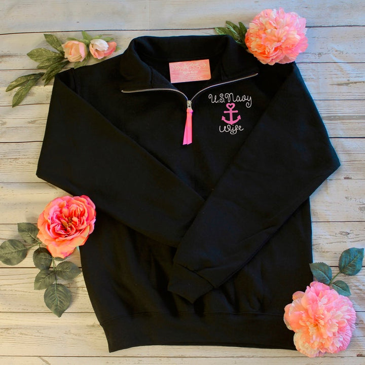 Navy wife Embroidered Quarter Zip Sweatshirt
