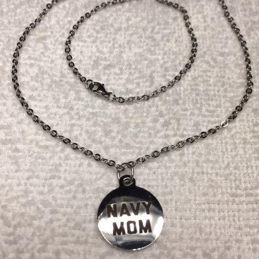 Navy Mom Disc necklace on Stainless Steel Chain