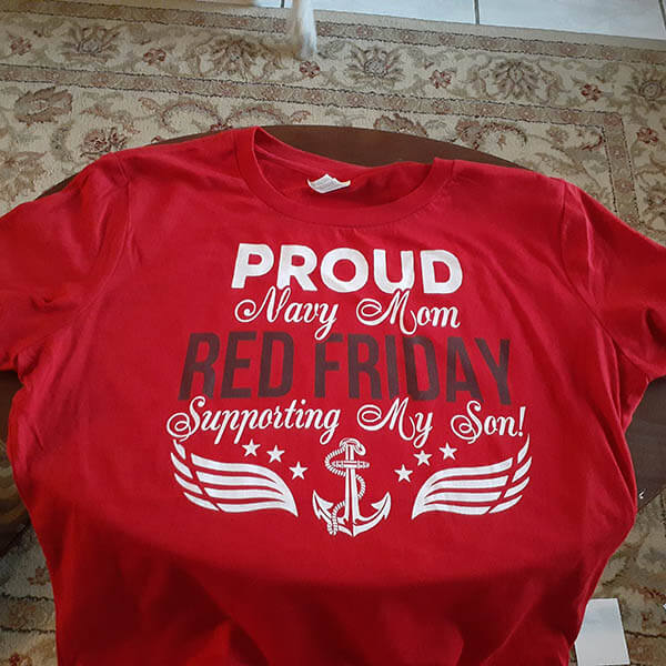 red friday shirt for navy mom and family on a table
