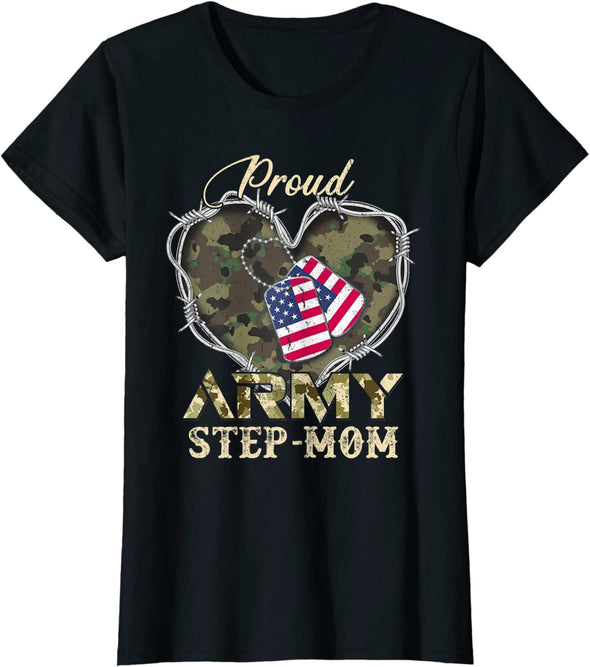 Proud Army Step-Mom Heart Flag Tee
