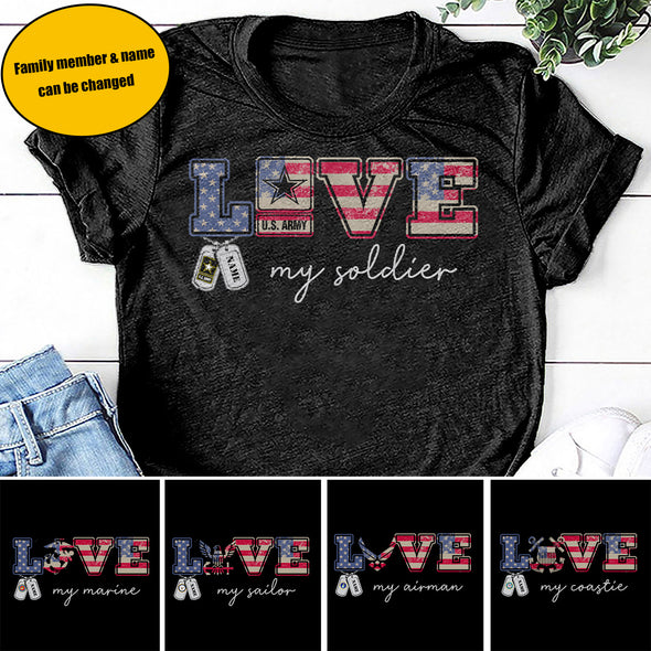 Personalized LOVE Flag Military Mom Family T-shirts