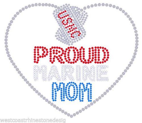 Proud Marine Mom Heart Rhinestone Iron on Transfer - MotherProud