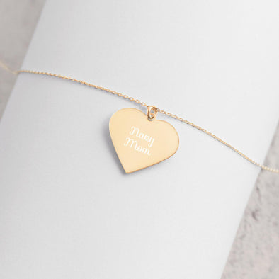 Navy Mom Engraved Heart Necklace