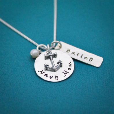 Navy Mom Necklace in Sterling Anchor Charm