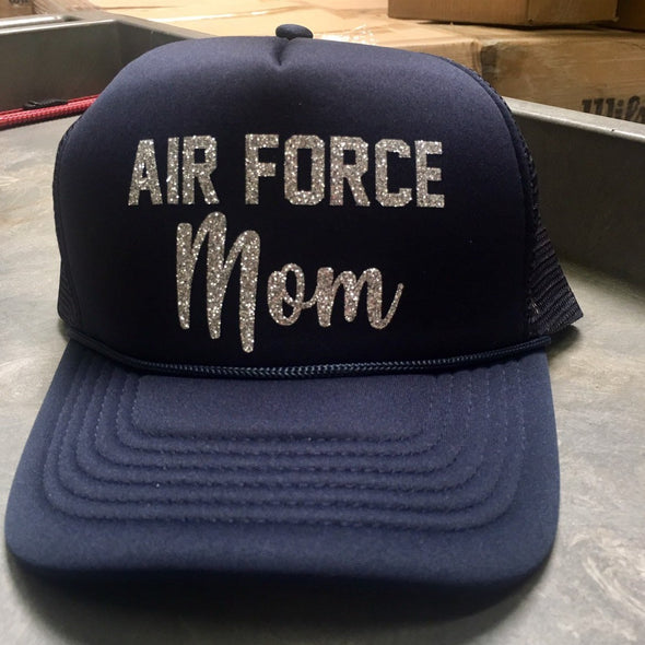 Air Force Mom glitter trucker hat