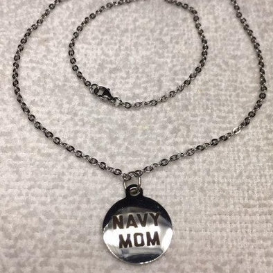 Navy Mom Disc necklace on Stainless Steel Chain