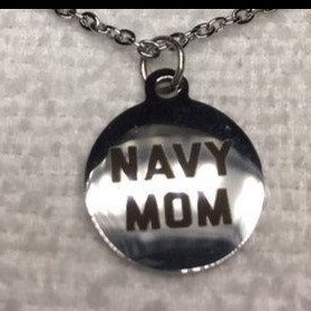 Navy Mom Disc necklace on Stainless Steel Chain