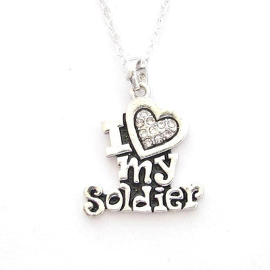 Army Mom "I Love My Soldier" Crystal Heart Silver Necklace - MotherProud