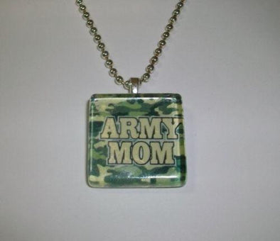 ARMY MOM CAMO PRINT Crystal Glass Tile Pendant Charm Necklace - MotherProud