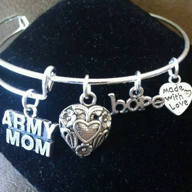 Expandable Army Mom Silver Bangle Charm Bracelet